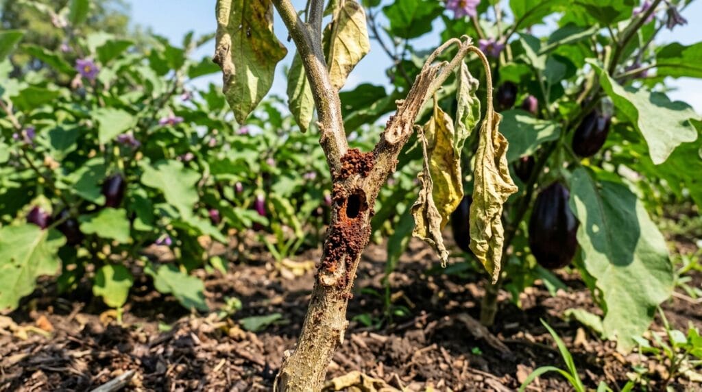 Brinjal Stem Borer damage symptoms and control methods in eggplant crop